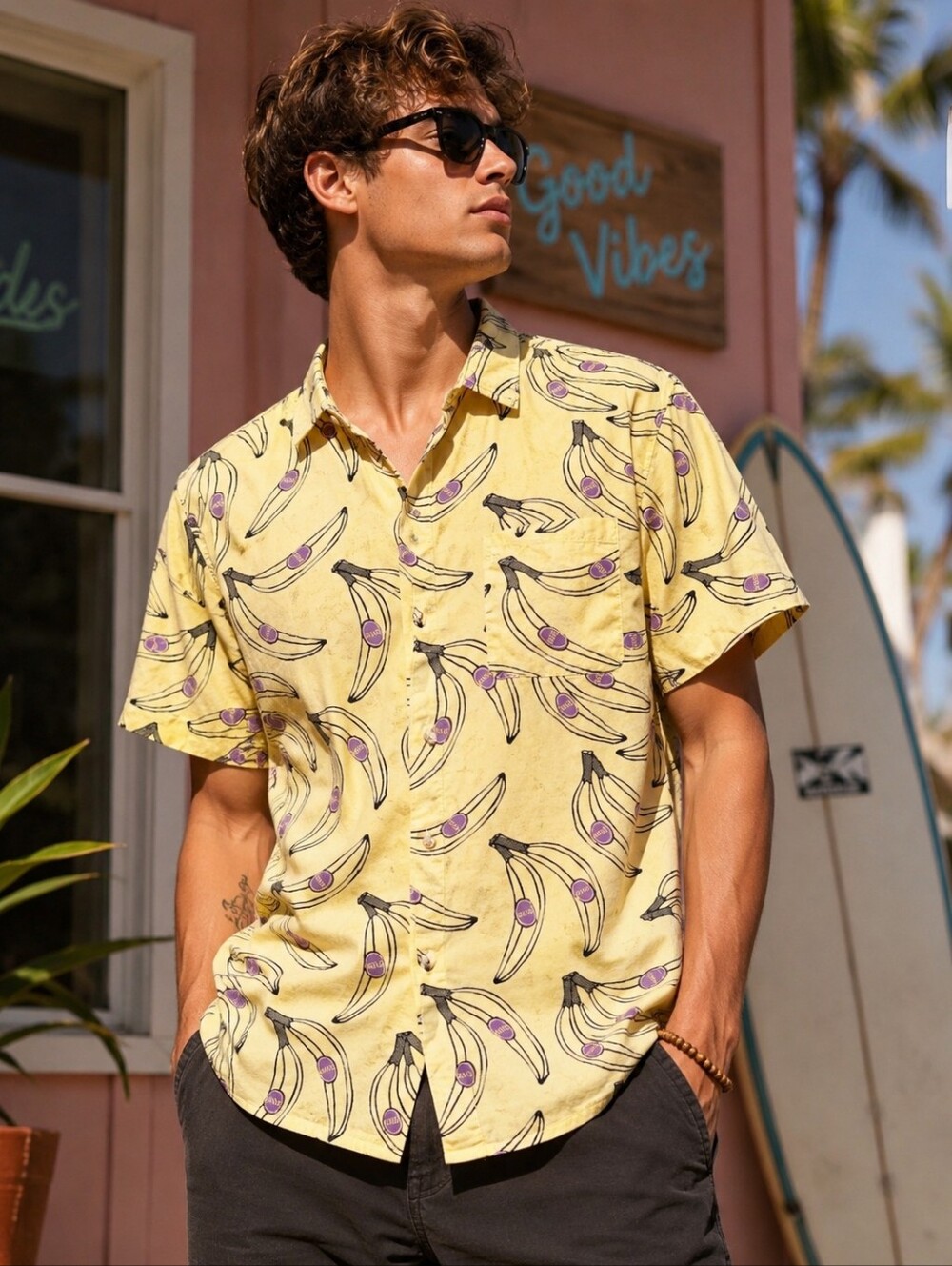 URBAN OUTFITTERS Banana Camp Shirt Mens Medium Yellow Purple Y2K Indie Festival